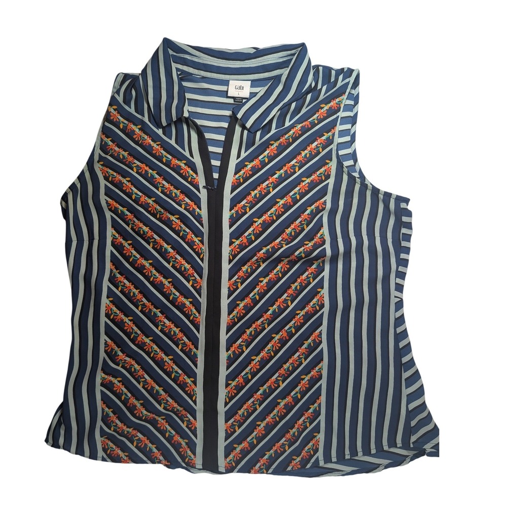 Cabi Sleeveless Blouse Womens Large Blue Striped‎ Floral Zip Front Top